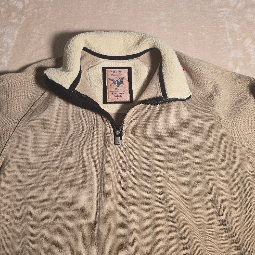 Arrow Blue Jeans Co Mens XL Tan Khaki Sherpa Lined Quarter Zip Knit Sweater 1115